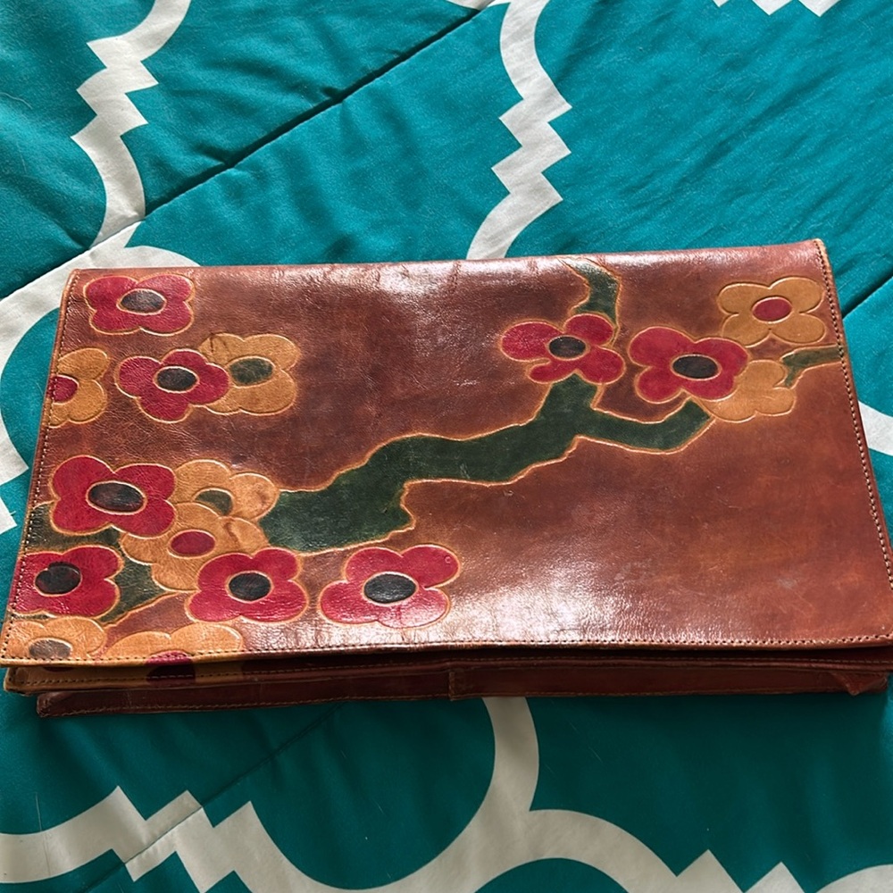 Stamped painted leather fold over large clutch